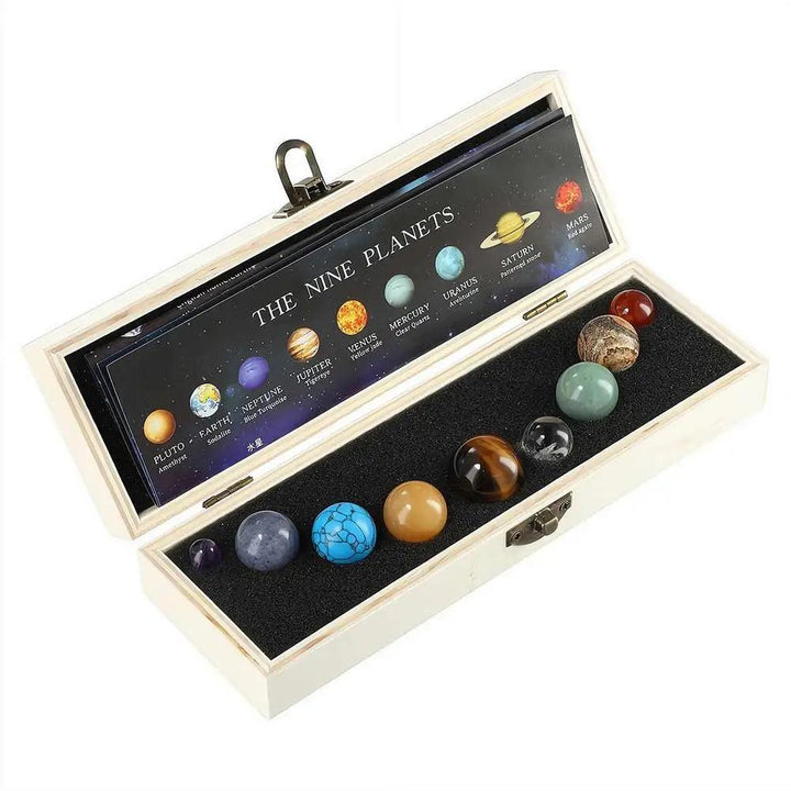 Solar System Nine Planets crystal set featuring gemstone spheres in a wooden box for celestial healing and display.