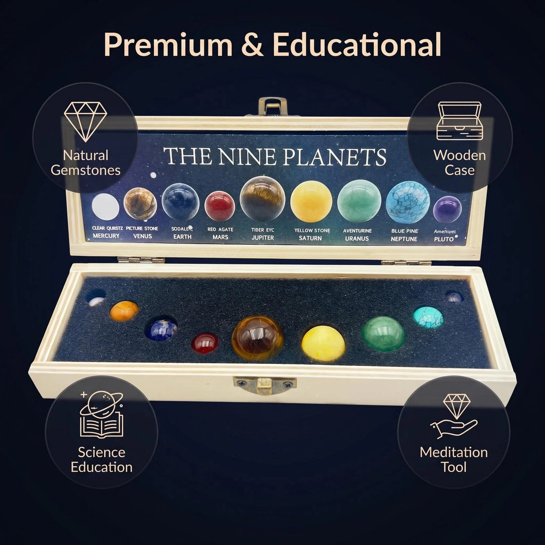 Solar System Nine Planets crystal set featuring gemstone spheres in a wooden box for meditation and space education.