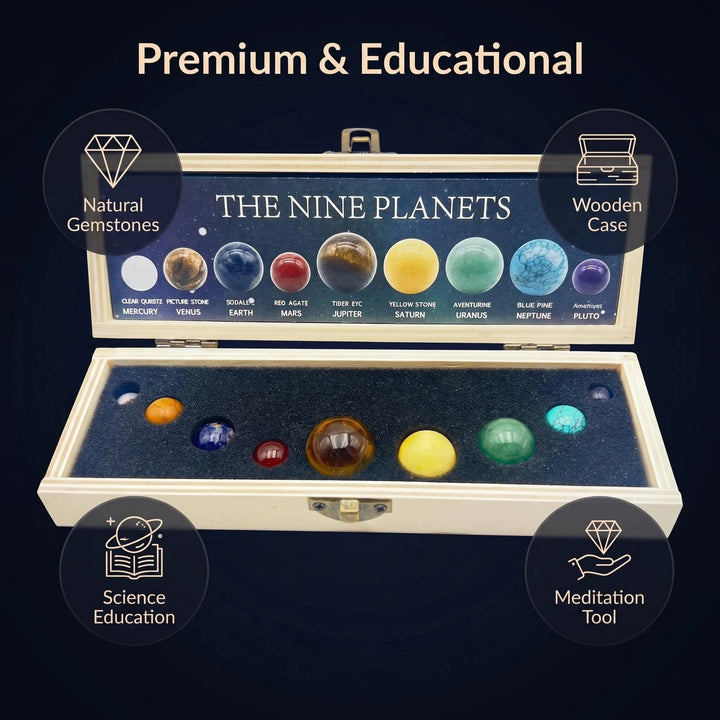 Solar System Nine Planets crystal set featuring gemstone spheres in a wooden box for meditation and space education.