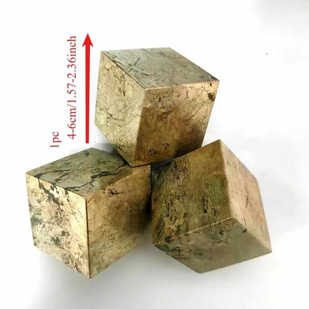 Natural gold-toned Pyrite leaning cube specimen, 40-60mm geometric crystal for Solar Plexus confidence and grounding.