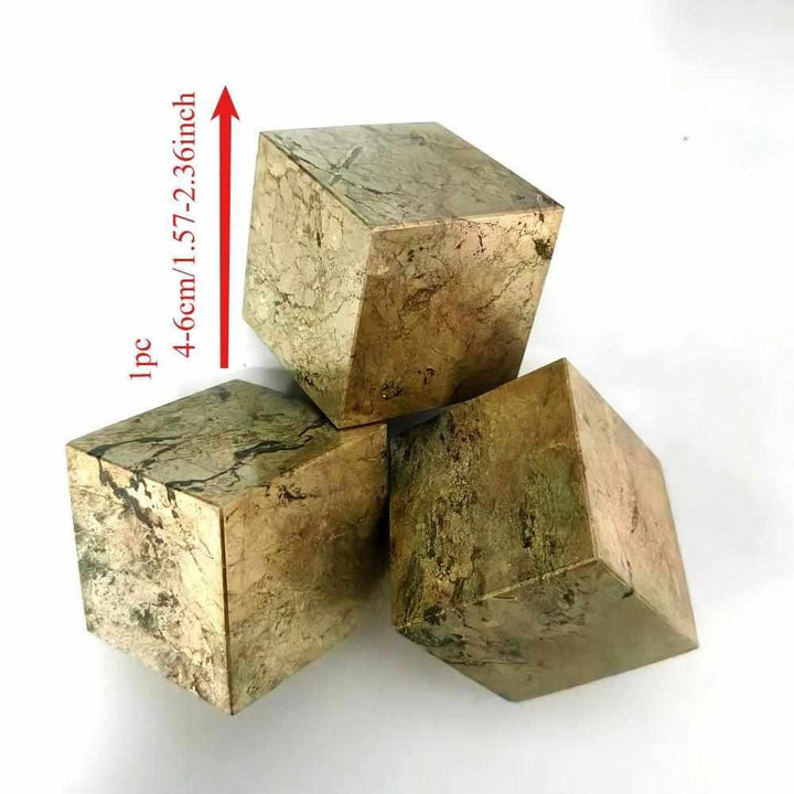Natural gold-toned Pyrite leaning cube specimen, 40-60mm geometric crystal for Solar Plexus confidence and grounding.