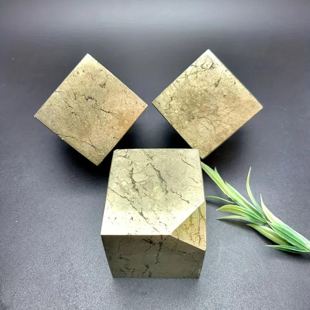 Sparkling natural Pyrite leaning cube specimen with metallic gold luster, perfect for Solar Plexus chakra grounding.