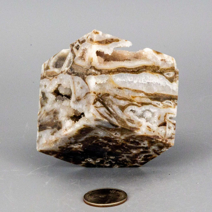 Sphalerite Crystal Cube with Druzys: A unique, corner-balanced cube with sparkling sugar quartz druzy pockets.