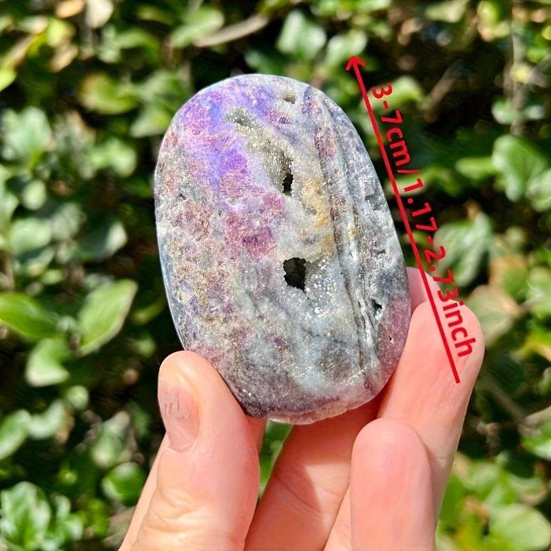 Sparkling purple and grey Druzy Sphalerite Titanium Bubble Palm Stone with healing crystal geode pockets.
