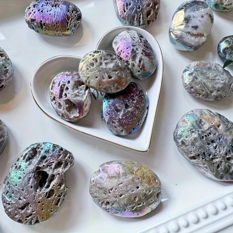 Iridescent Druzy Sphalerite Titanium Bubble Palm Stones with sparkling, colorful metallic sheen.