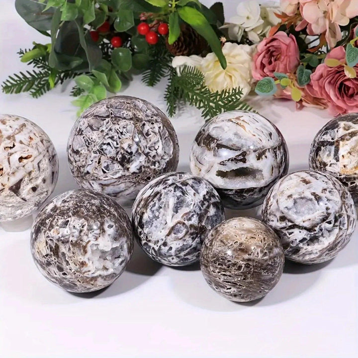 Gray & black Sphalerite crystal spheres with intricate patterns, perfect for jewelry making and healing.