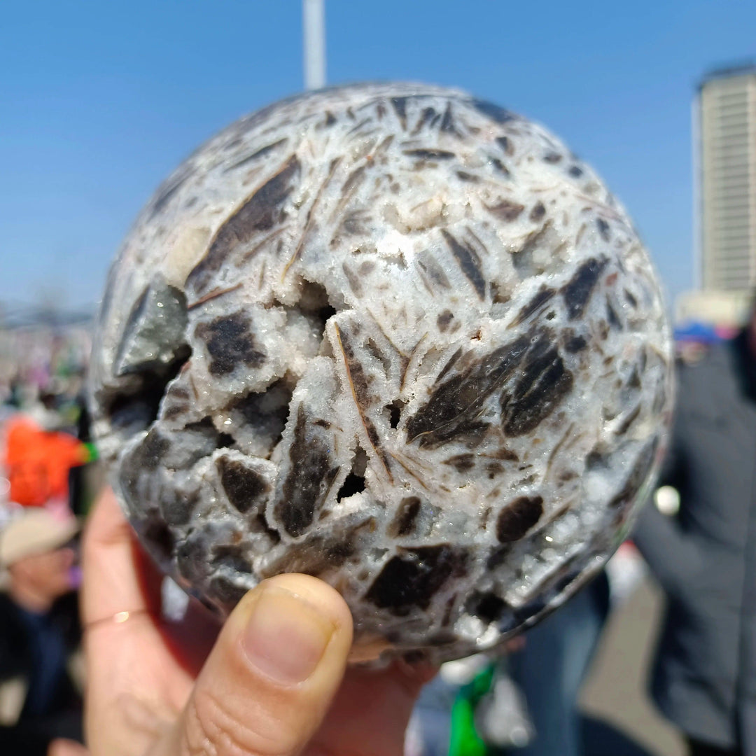 Natural gray Sphalerite Crystal Sphere, a dense zinc sulfide mineral ball for grounding and vitality.