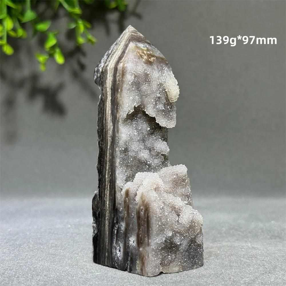 Polished Sphalerite in Quartz tower, 139g and 97mm, featuring grounding brown and black crystals for energy and balance.