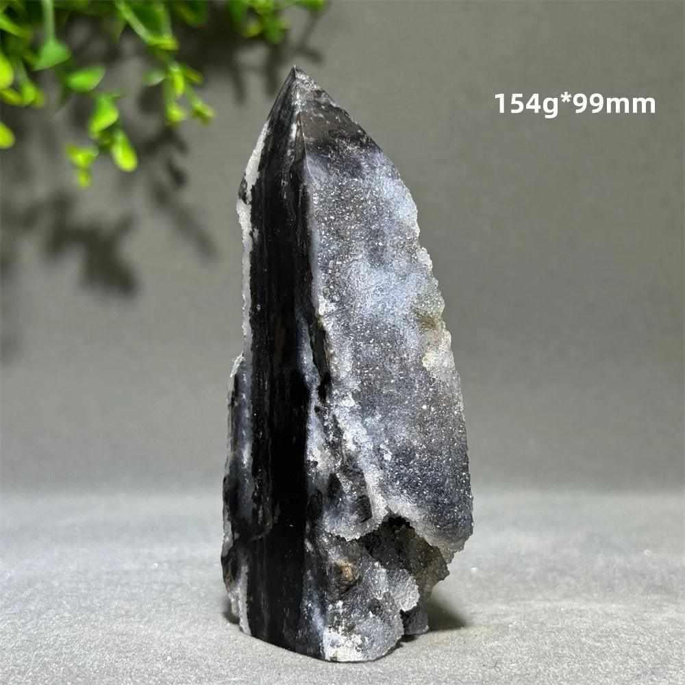 Polished Sphalerite in Quartz tower, 154g, 99mm, featuring grounding black crystals for root chakra balance and clarity.