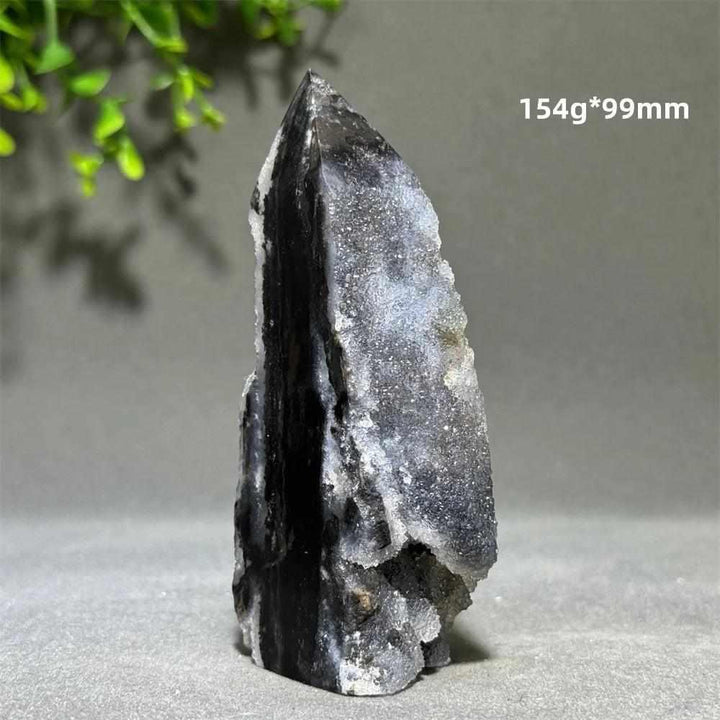 Polished Sphalerite in Quartz tower, 154g, 99mm, featuring grounding black crystals for root chakra balance and clarity.