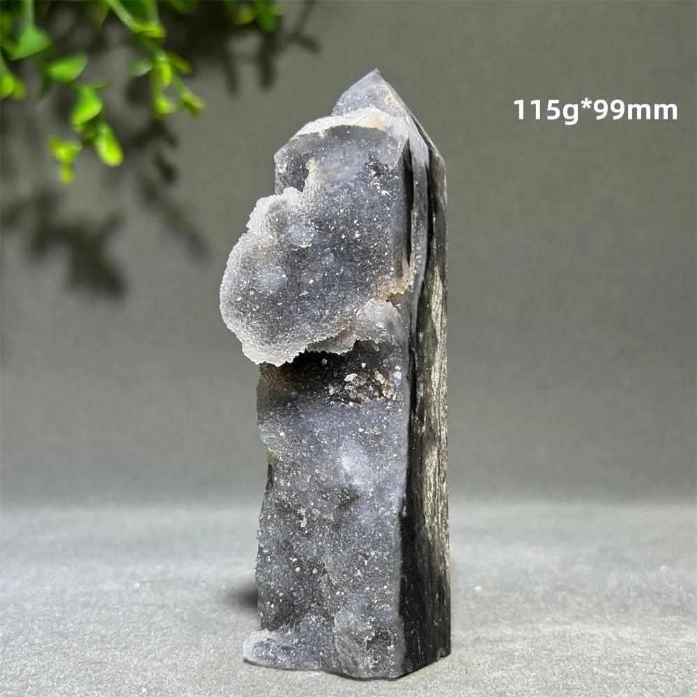 Polished Sphalerite in Quartz tower, 99mm, featuring grounding dark crystals for Root and Solar Plexus chakra balance.