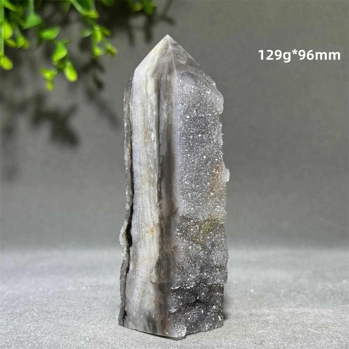 Polished sphalerite in quartz tower, 129g and 96mm, featuring grounding brown and black crystals for energy and balance.