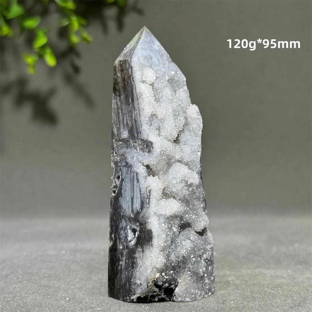 Polished 95mm Sphalerite in Quartz tower featuring grounding black and brown crystals for stability and energy balance.