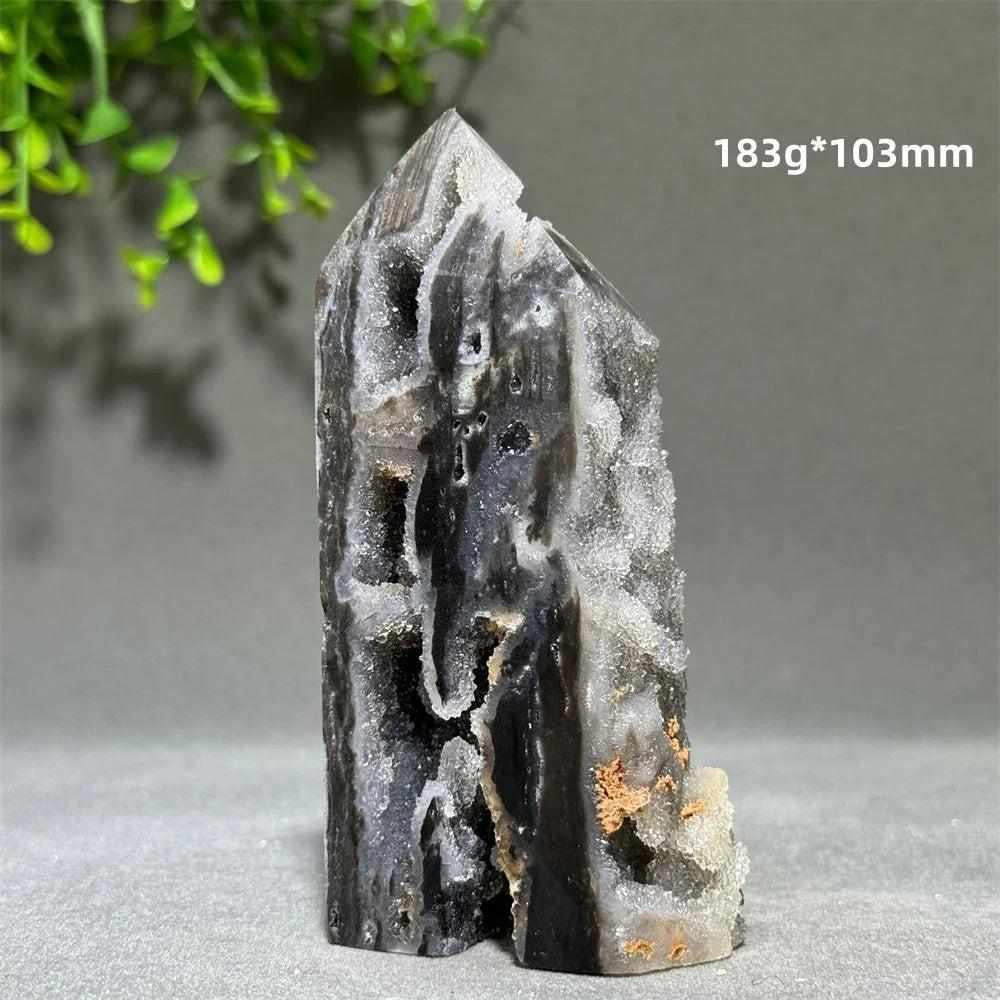 Polished Sphalerite in Quartz tower, a 103mm grounding obelisk featuring dark crystals for root chakra balance and vitality.