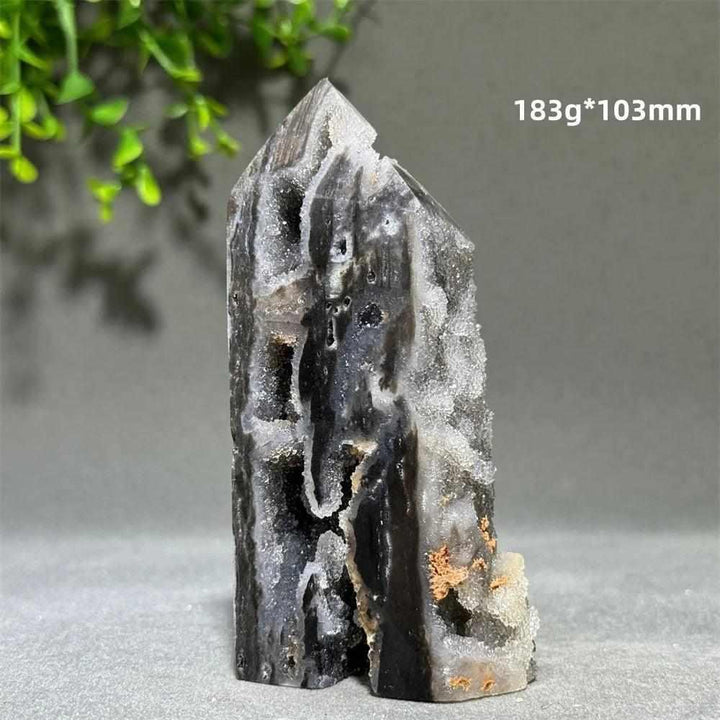Polished Sphalerite in Quartz tower, a 103mm grounding obelisk featuring dark crystals for root chakra balance and vitality.
