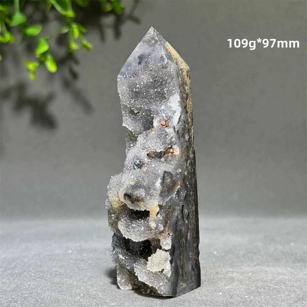 Polished Sphalerite in Quartz tower, 109g and 97mm, featuring earthy brown and black grounding crystals for energy balance.