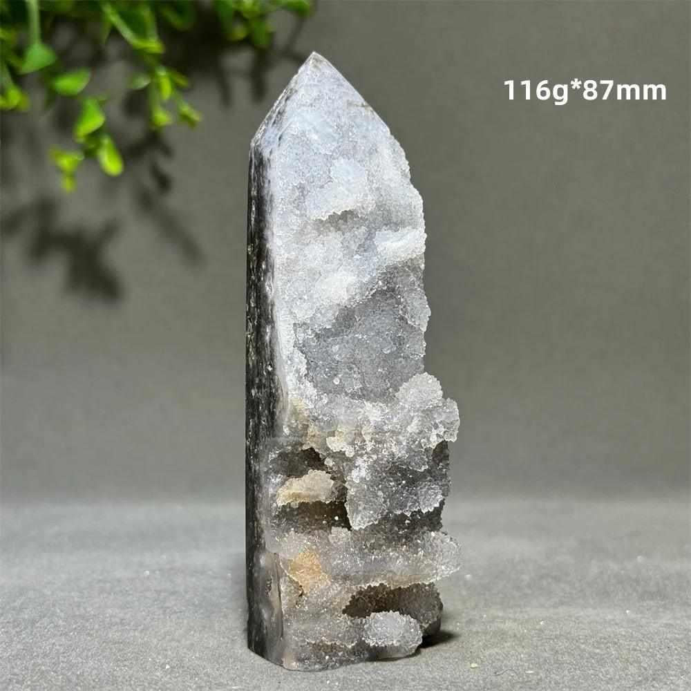 Polished sphalerite in quartz tower, 87mm tall, featuring grounding brown and black crystals for energy and balance.