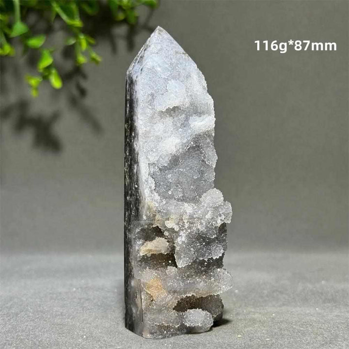 Polished sphalerite in quartz tower, 87mm tall, featuring grounding brown and black crystals for energy and balance.