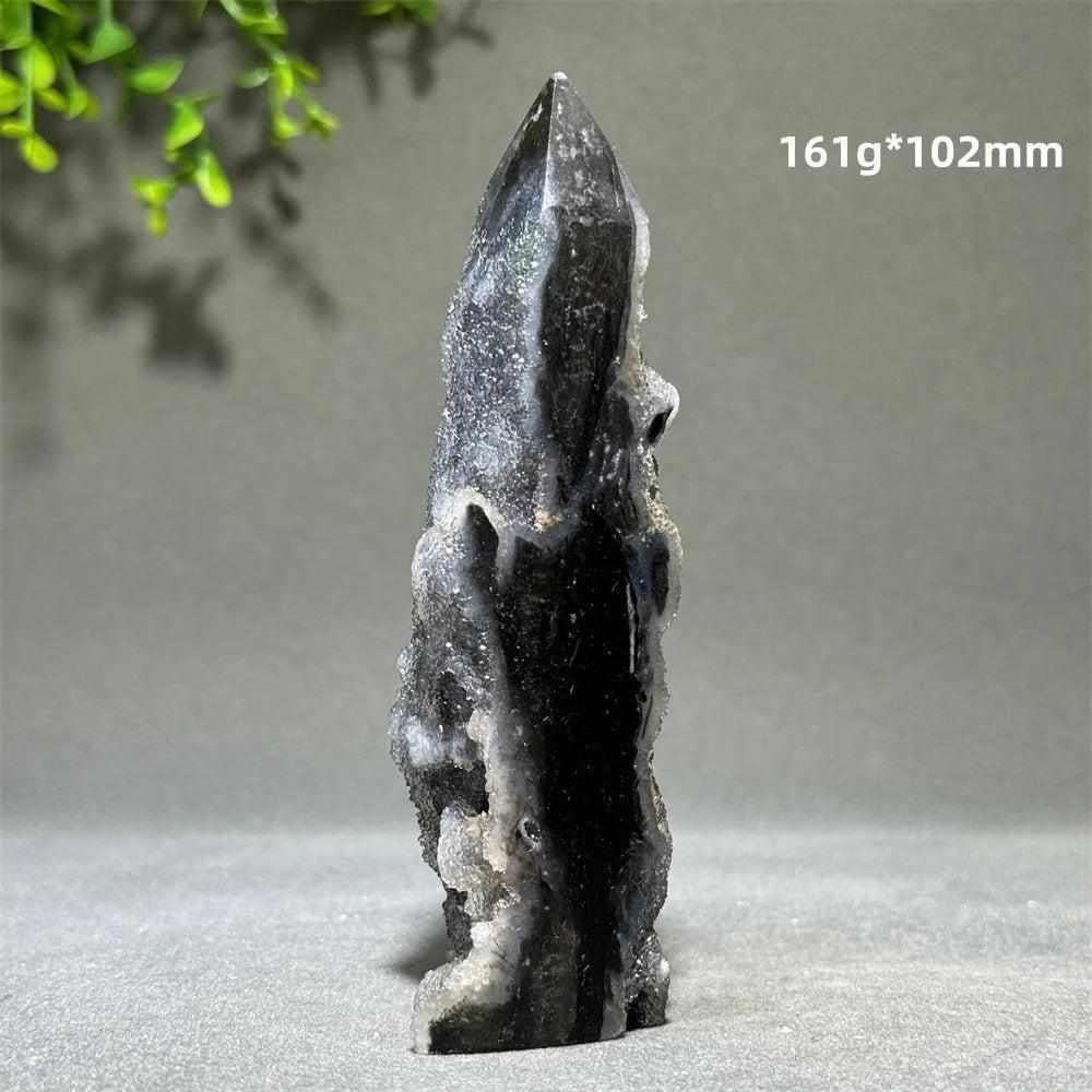 Polished Sphalerite in Quartz tower, 102mm tall, featuring grounding dark crystals for root chakra balance and clarity.