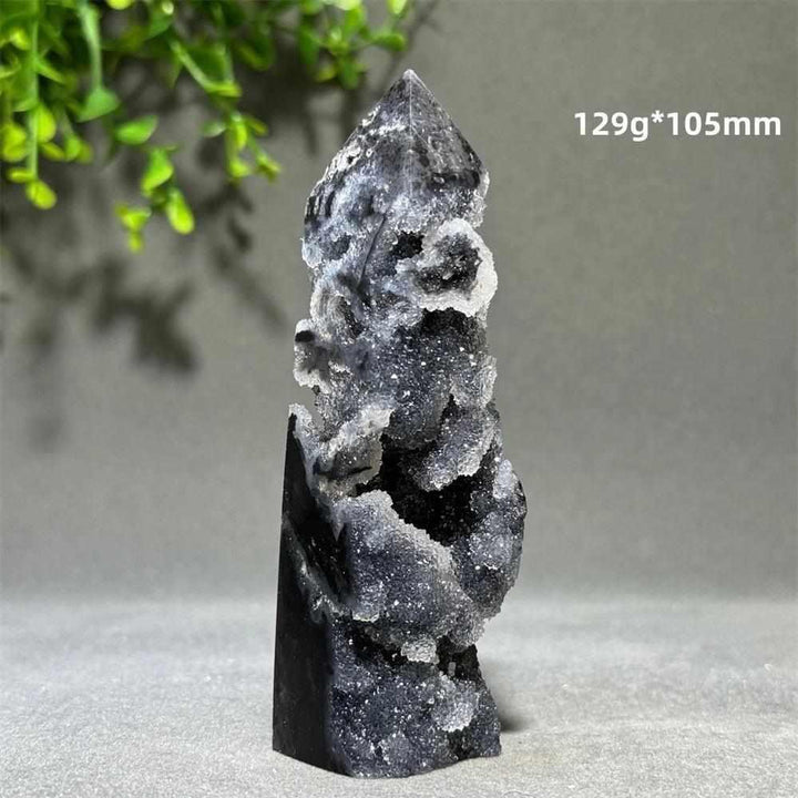 Polished 105mm sphalerite in quartz tower for grounding, featuring dark crystals and clear quartz for energy and vitality.