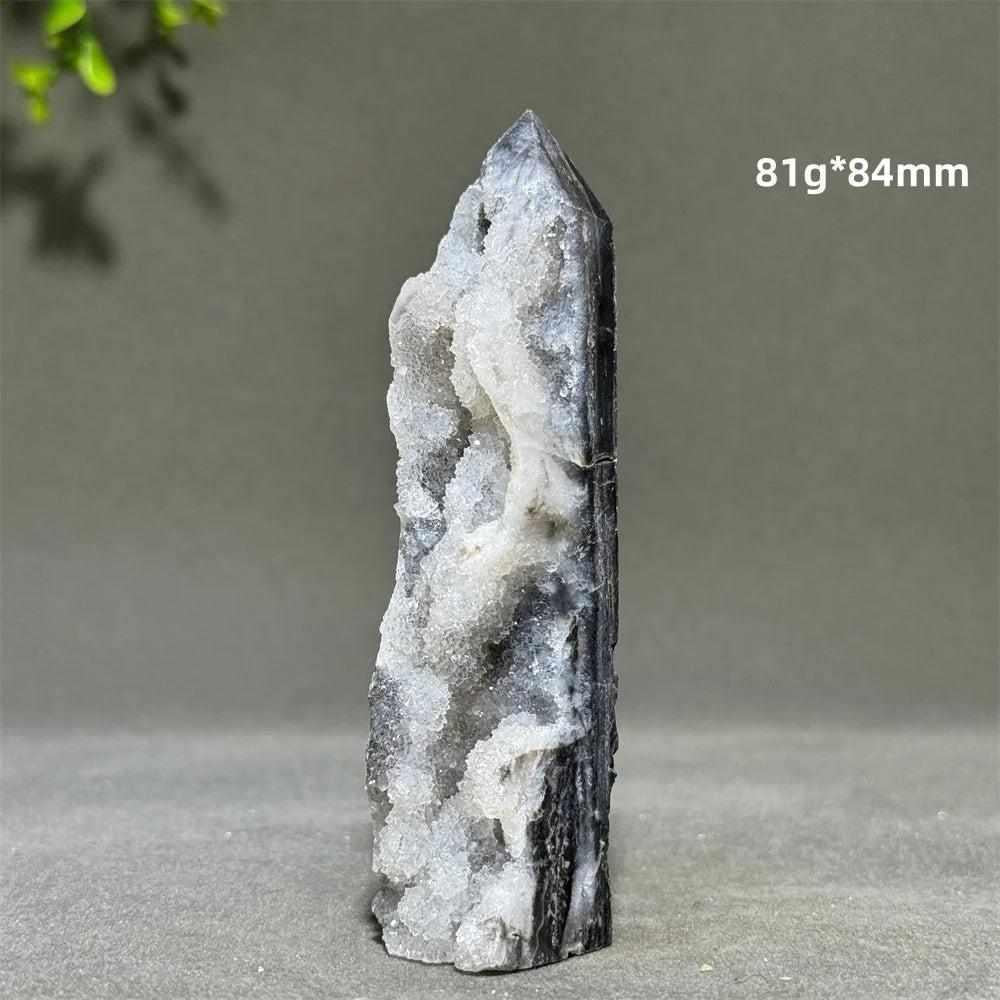 Polished 84mm Sphalerite in Quartz tower featuring grounding dark crystals and clear quartz for balance and vitality.