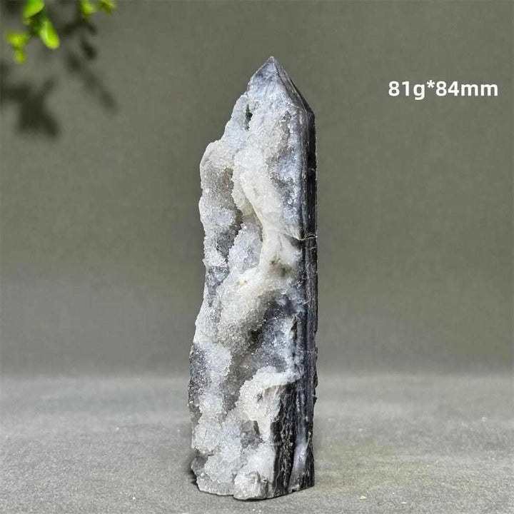 Polished 84mm Sphalerite in Quartz tower featuring grounding dark crystals and clear quartz for balance and vitality.