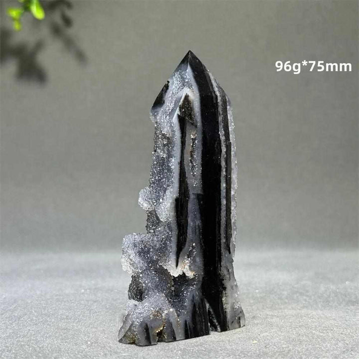 Polished Sphalerite in Quartz tower, a grounding 75mm obelisk featuring striking black and clear crystal textures.