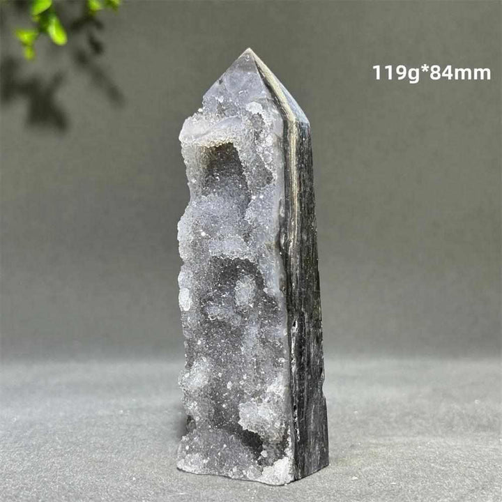 Polished Sphalerite in Quartz tower featuring dark, earthy crystals for grounding, 119g and 84mm tall.