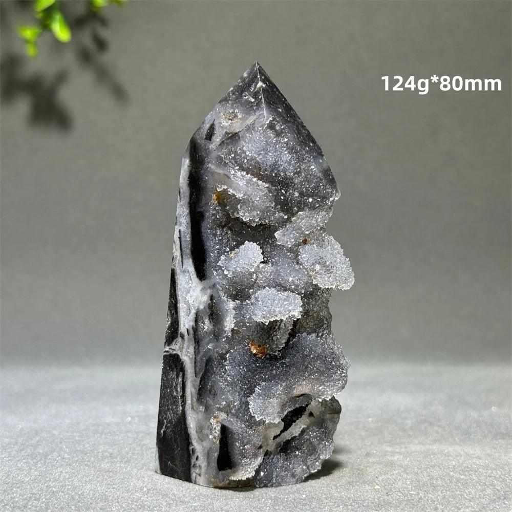 Polished 80mm Sphalerite in Quartz tower featuring grounding brown and black crystals for root chakra balance.