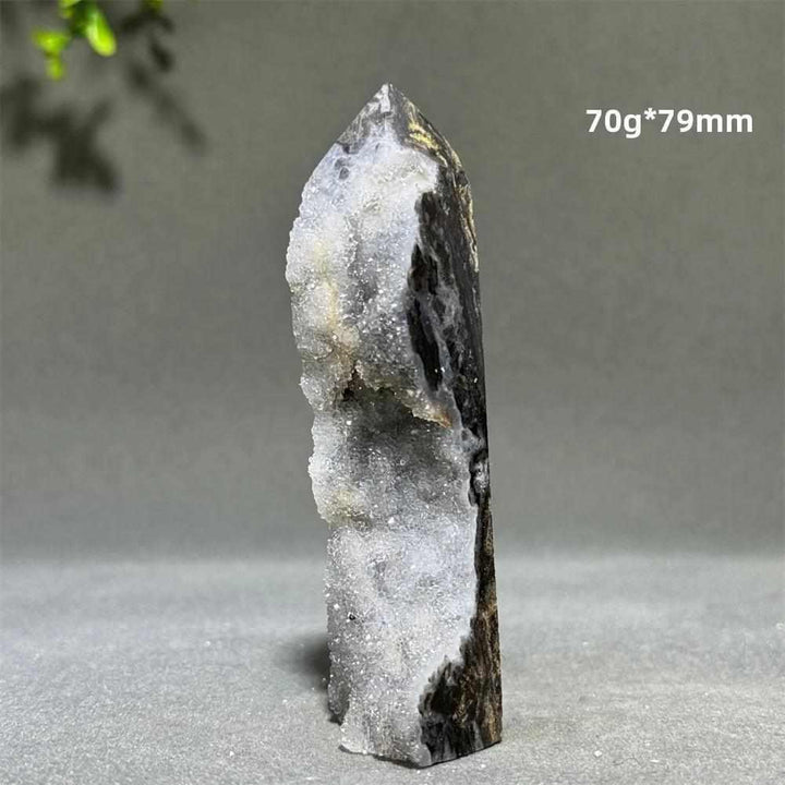 Polished sphalerite in quartz tower, 79mm tall, featuring grounding brown and black crystals for root chakra balance.