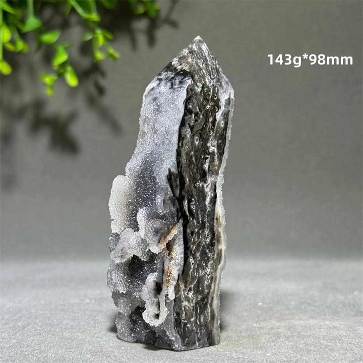 Polished 98mm Sphalerite in Quartz tower, a grounding crystal obelisk featuring earthy black and brown mineral inclusions.