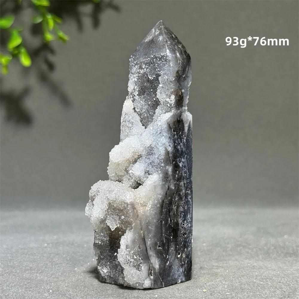 Polished 93g, 76mm Sphalerite in Quartz tower featuring dark, grounding crystals for Root and Solar Plexus chakra balance.