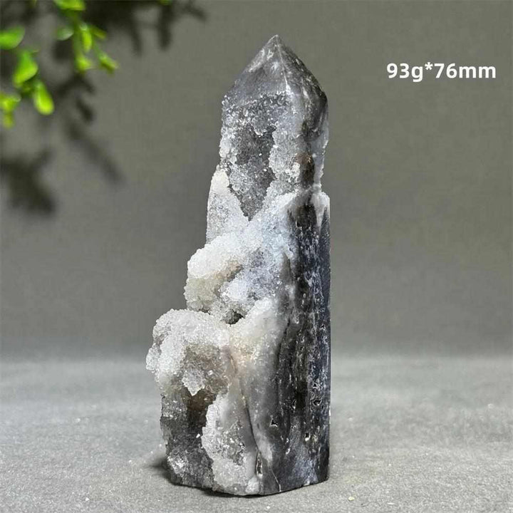 Polished 93g, 76mm Sphalerite in Quartz tower featuring dark, grounding crystals for Root and Solar Plexus chakra balance.