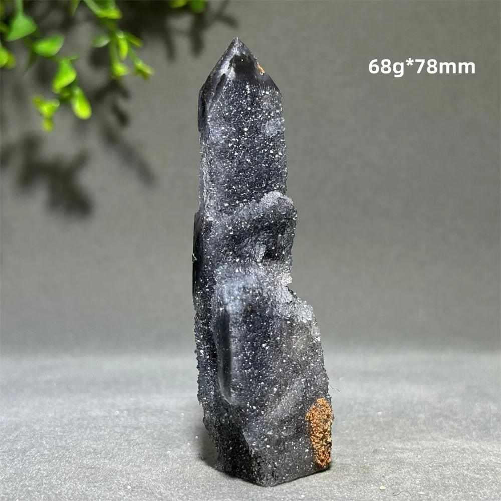 Polished Sphalerite in Quartz tower, 78mm tall, featuring grounding dark crystals for root chakra balance and clarity.