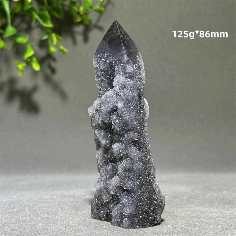 Polished Sphalerite in Quartz tower, 86mm tall, featuring grounding dark crystals for root chakra balance and clarity.