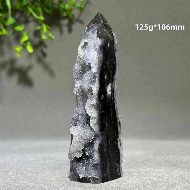 Polished 106mm Sphalerite in Quartz tower featuring grounding black and brown crystals for root chakra balance and vitality.
