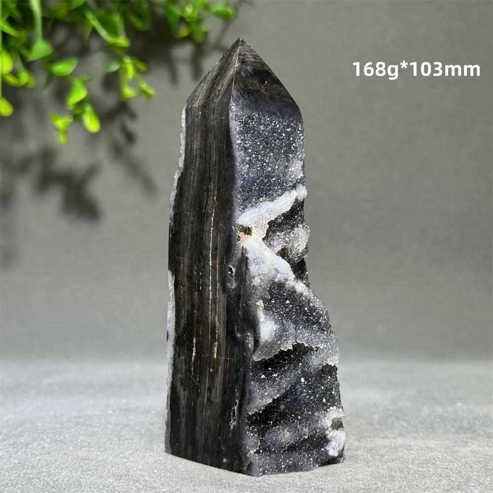 Polished Sphalerite in Quartz tower, a 168g grounding obelisk with dark crystals for root chakra balance and clarity.