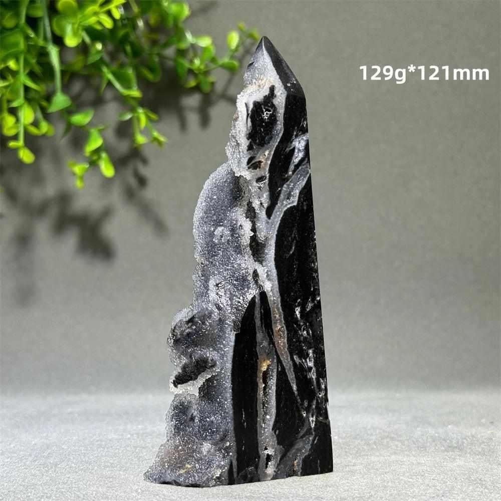 Polished Sphalerite in Quartz tower, 121mm tall, featuring grounding black and brown crystals for root chakra balance.