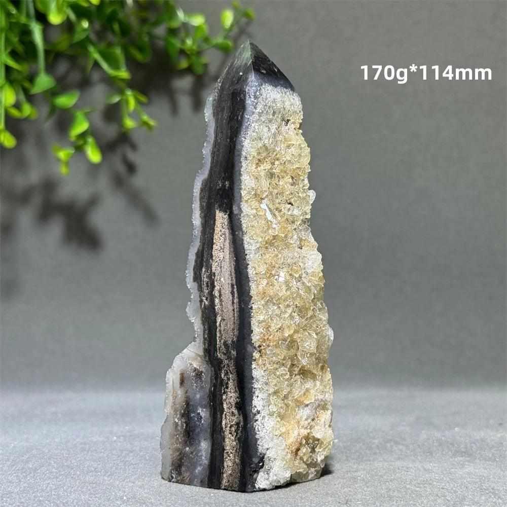 Polished 114mm Sphalerite in Quartz tower featuring grounding brown and black crystals for root chakra balance.