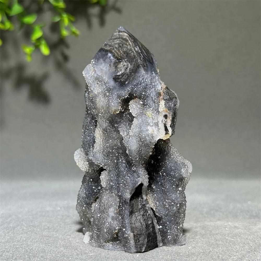 Polished Sphalerite in Quartz tower featuring dark, grounding crystals for balance and clarity in a unique obelisk shape.