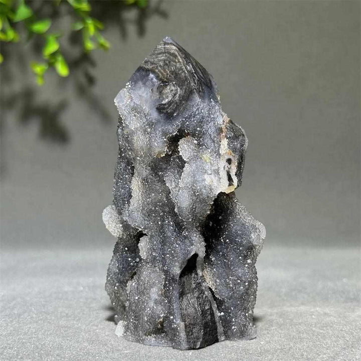 Polished Sphalerite in Quartz tower featuring dark, grounding crystals for balance and clarity in a unique obelisk shape.