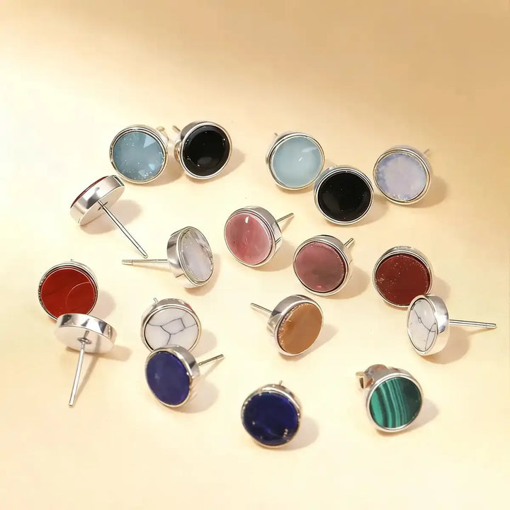 Sterling Silver Round Stone Stud Earrings In 11 Materials