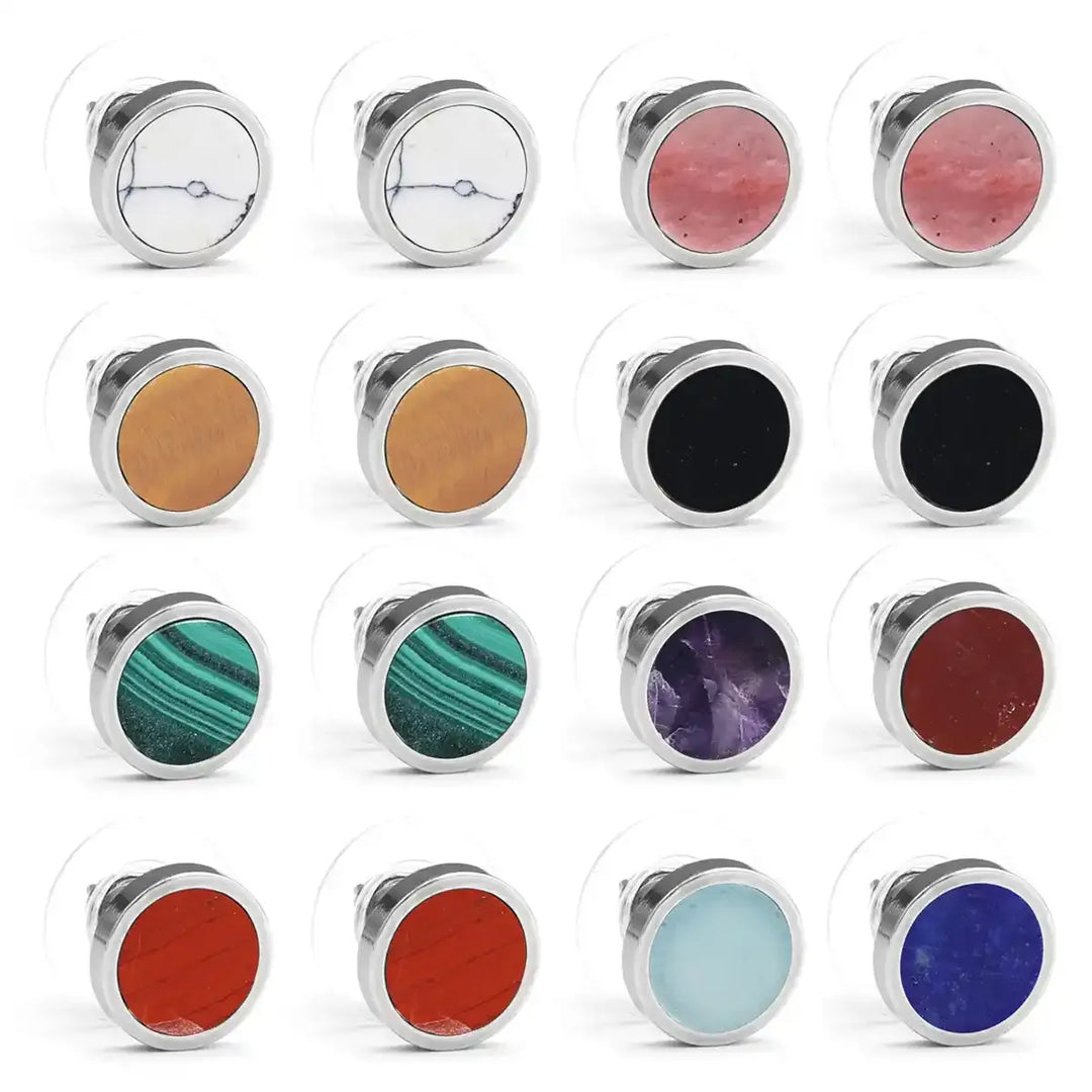 Sterling Silver Round Stone Stud Earrings In 11 Materials