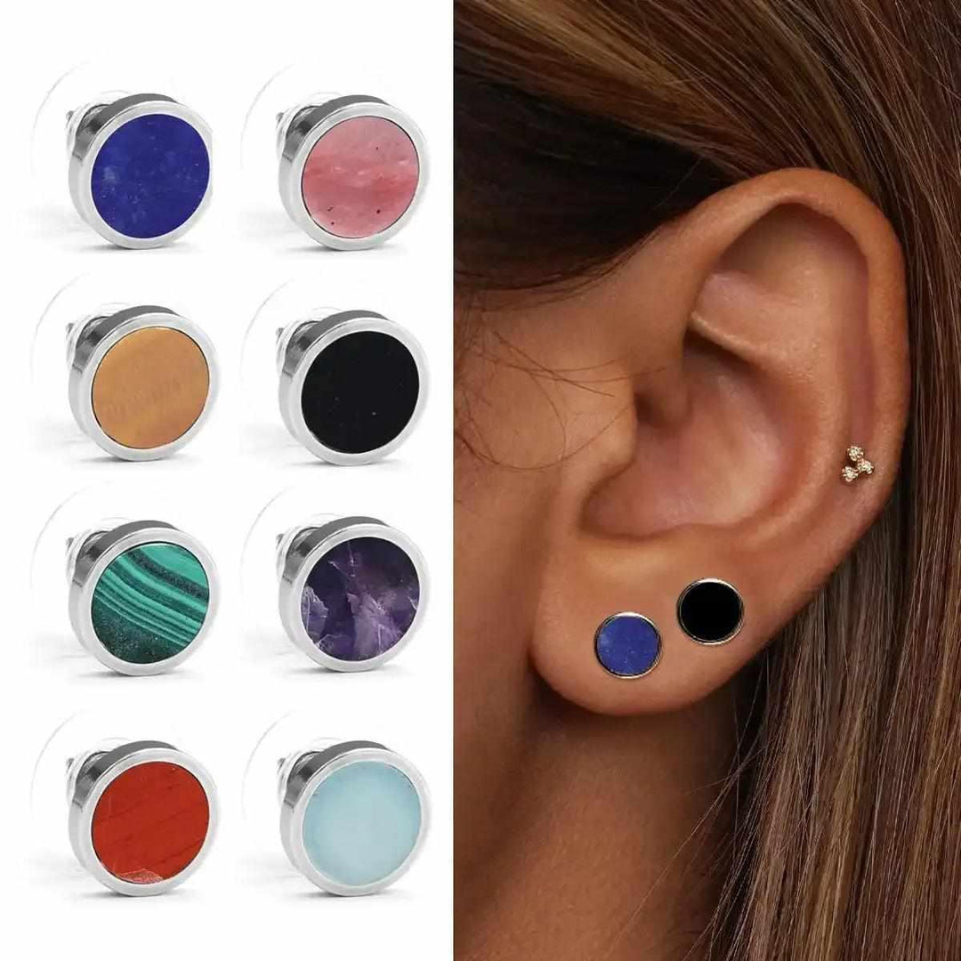 Sterling silver round stone stud earrings featuring 9mm natural crystals for everyday style and chakra balancing.