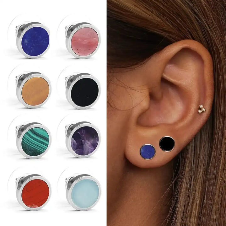 Sterling Silver Round Stone Stud Earrings In 11 Materials