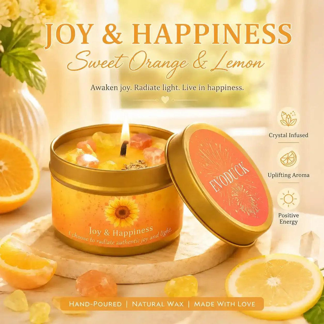Sweet Orange & Lemon crystal candle in a gold tin with citrine, sunstone, and a sun charm for joy and happiness.