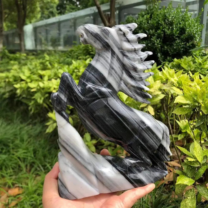 Hand-carved Taichi Quartz horse statue featuring striking black and white yin-yang patterns for grounding energy.