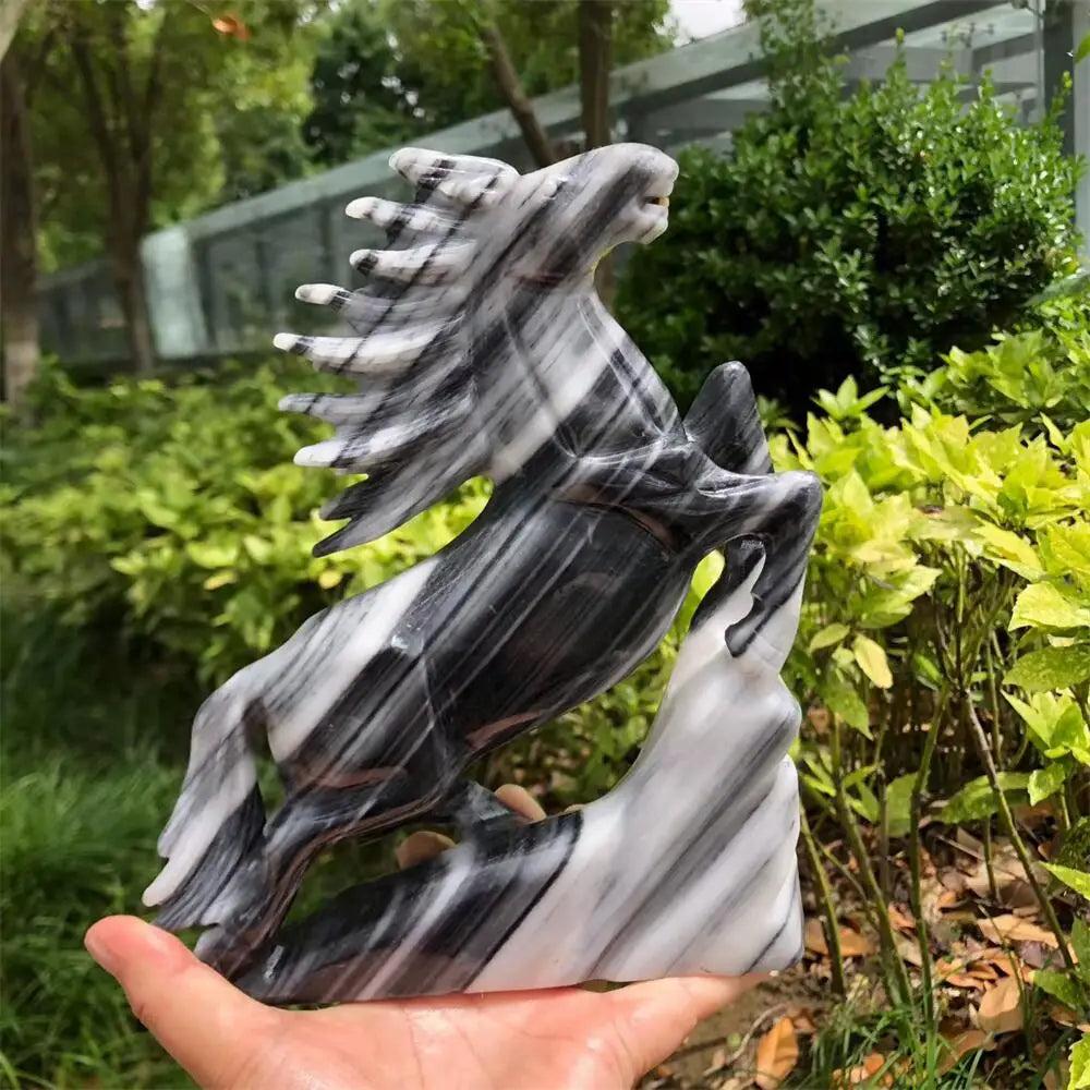 Hand-carved Taichi Quartz horse statue featuring striking black and white yin-yang patterns for grounding energy.