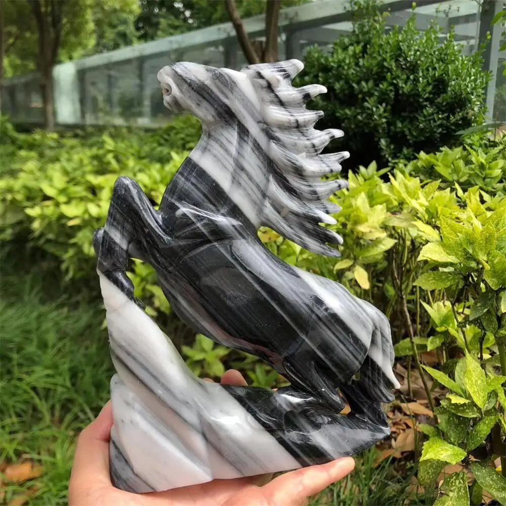 Hand-carved Taichi Quartz horse statue featuring striking black and white yin-yang patterns for grounding energy.