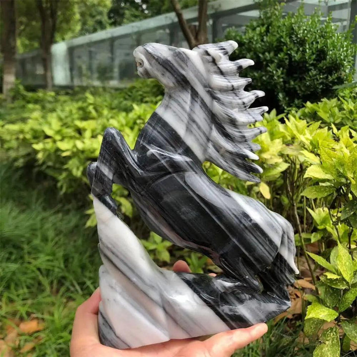 Hand-carved Taichi Quartz horse statue featuring striking black and white yin-yang patterns for grounding energy.